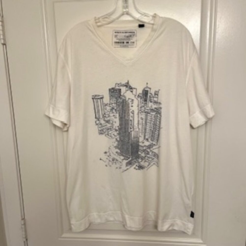 Boss Hugo Boss V-Neck T-shirt.  XL, 100% cotton, White with city pattern